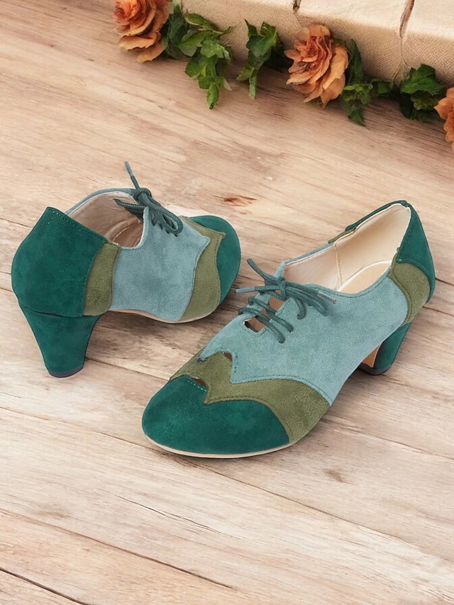 Vintage Two-Tone Faux Suede Lace-Up Women's Oxford Shoes – Retro-Inspired Green and Teal Block Heel Shoes for Casual and Office Wear 16