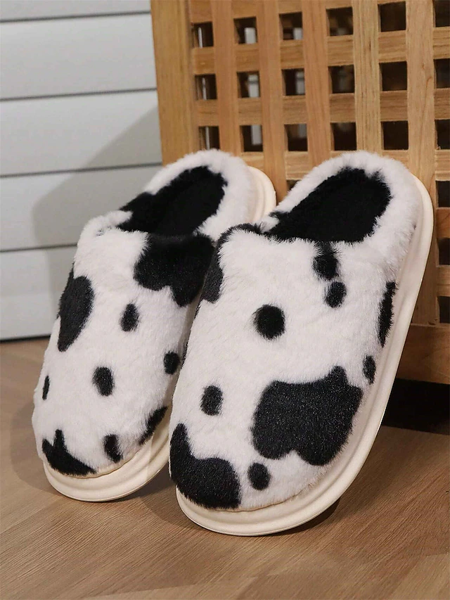 Cow Print Plush Slippers for Women - Fuzzy Faux Fur Indoor House Shoes with Soft Memory Foam for Cozy Comfort 19