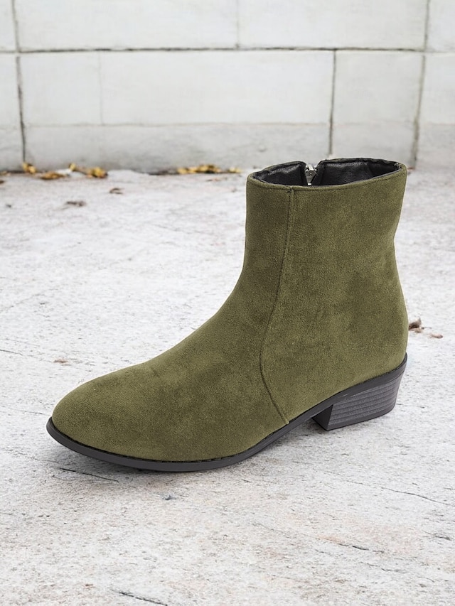  Women's Casual Faux Suede Ankle Boots with Side Zipper and Low Block Heels – Comfortable Vintage Booties for Everyday Wear