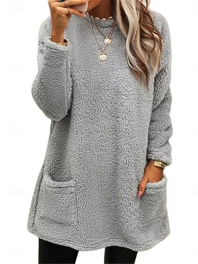 Women's Sweatshirt Casual Sherpa Plain Dailywear Crew Neck Pocket Long Sleeve Brown Green Gray Fall Winter4