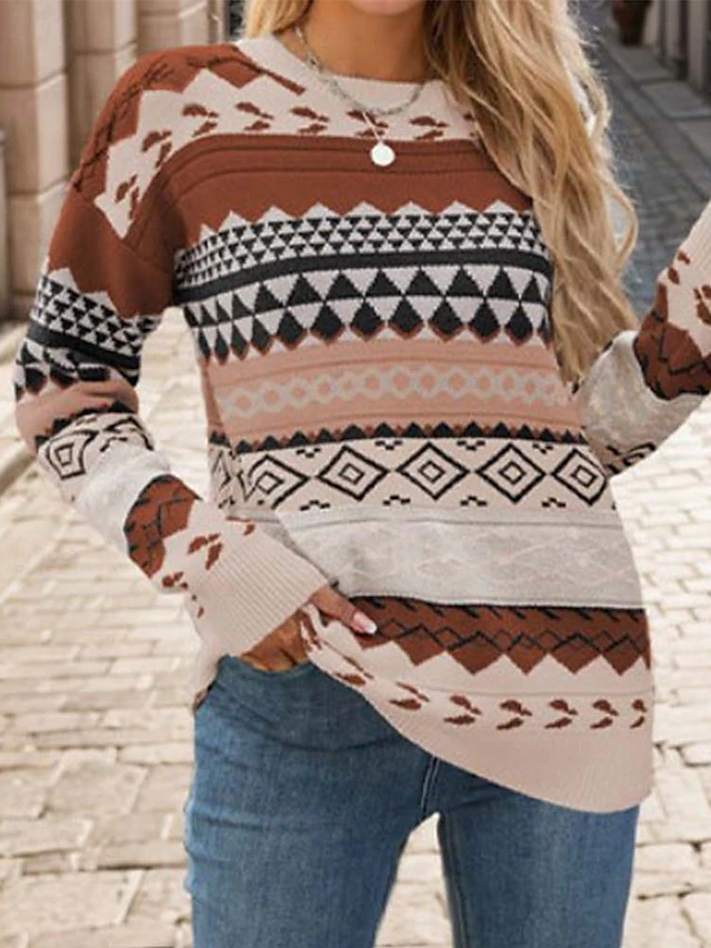 Women's Sweater Streetwear Stylish Geometric Color Block Crew Neck Knitted Long Sleeve Regular Tops Knit Outdoor Going out Pink Khaki Fall Winter 10