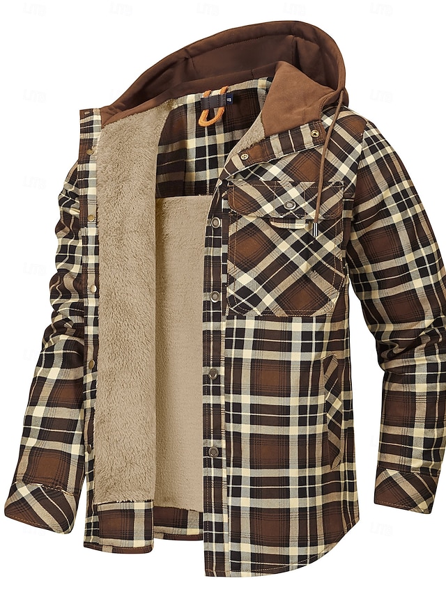  Homens Jaqueta de Camisa Casaco de lã Cabana Formal Casa Manter Quente Com Capuz Inverno Primavera & Outono Grade / xadrez Vintage estilo ocidental Colarinho de Camisa Padrão Vermelho Azul Marinha