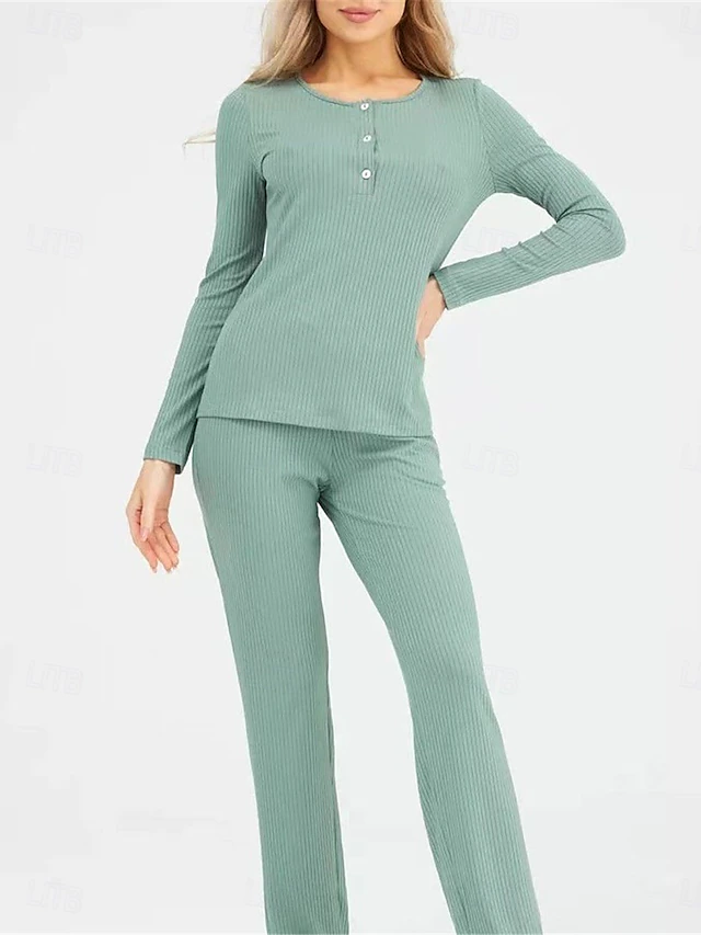 Women's Pajama Set Pure Color Casual Comfort Home Daily Comfort Warm Crew Neck Long Sleeve T shirt Pant Button Elastic Waist Fall Winter Home Outfits 6