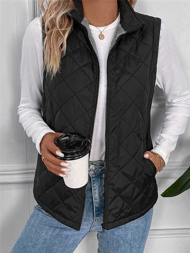Women's Fleece Vest Warm Breathable Zipper Pocket Fleece Lined Casual Plain Vacation Street Daily Wear Going out Zipper Regular Stand Collar Regular Fit Sleeveless Outerwear Black Fall Winter 8