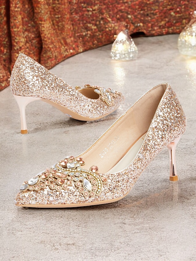  Pantofi cu toc de mireasă cu sclipici auriu și șampanie, pantofi stiletto cu cristale pentru nunți de lux și de seară