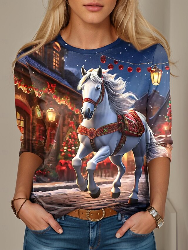 Women's T shirt Crew Neck Long Sleeve Tunic Long Tops New Year Blue Spring, Fall, Winter, Summer3