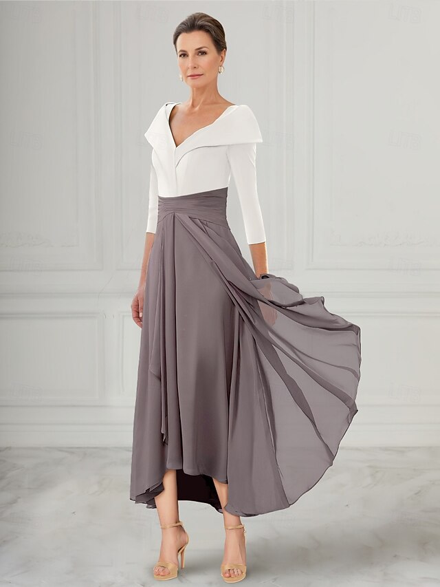 A-Line Mother of the Bride Dress Tuxedo Dress Elegant V Neck Asymmetrical Ankle Length Chiffon 3/4 Length Sleeve with Pleats4