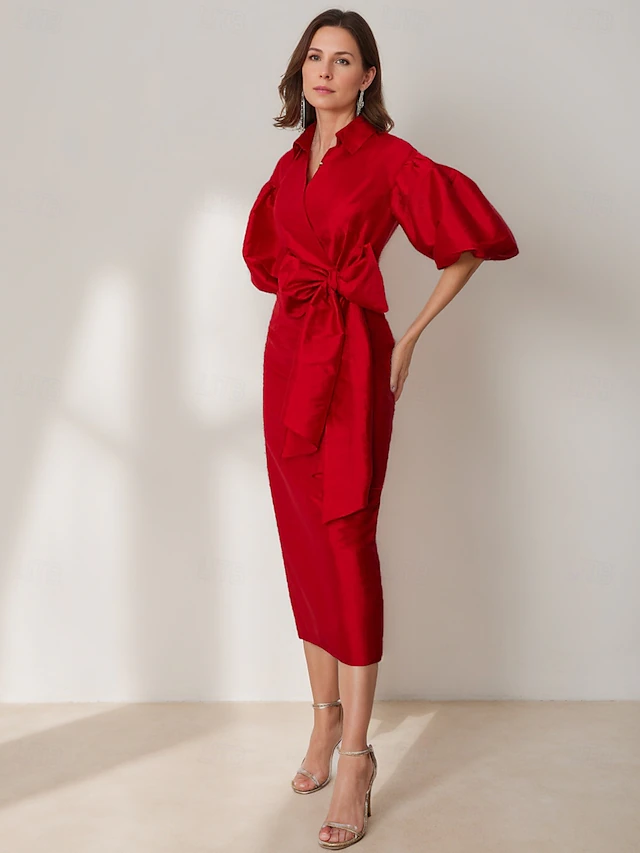 Sheath Cocktail Dresses Beach Wedding Elegant Dress Formal Tea Length Half Sleeve Shirt Collar Pocket Taffeta with Bow(s) Dresses4
