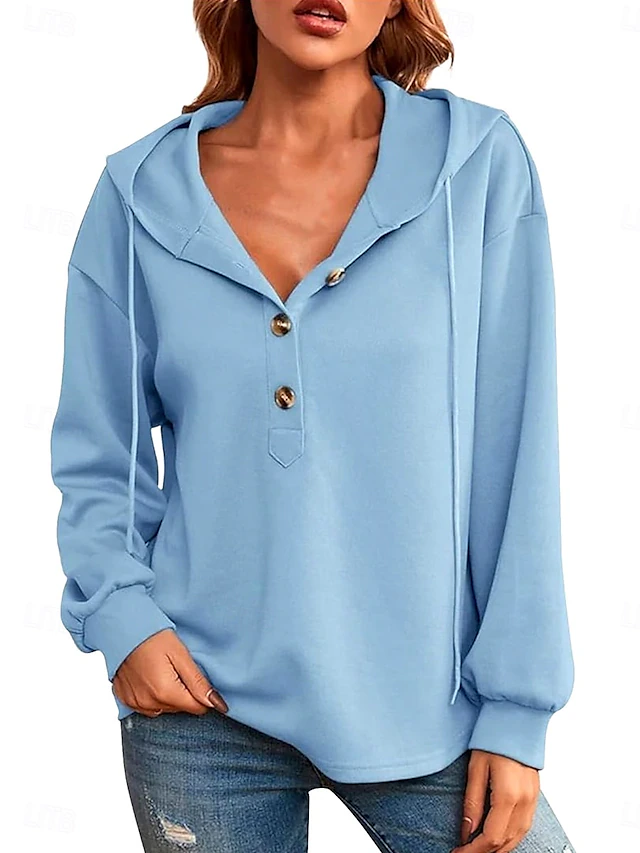 Women's Hoodie Sweatshirt Casual Graphic Plain Street Dailywear Hooded Buttons Print Long Sleeve Navy Blue Blue Light Blue Fall Winter 6