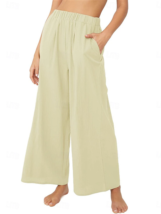 Women's Wide Leg Chinos Fashion Streetwear Full Length High Waist Plain Pocket Elastic Waistband Comfy Soft Comfortable Micro-elastic Outdoor Street Dark Brown Apricot White Blue Spring & Fall 12