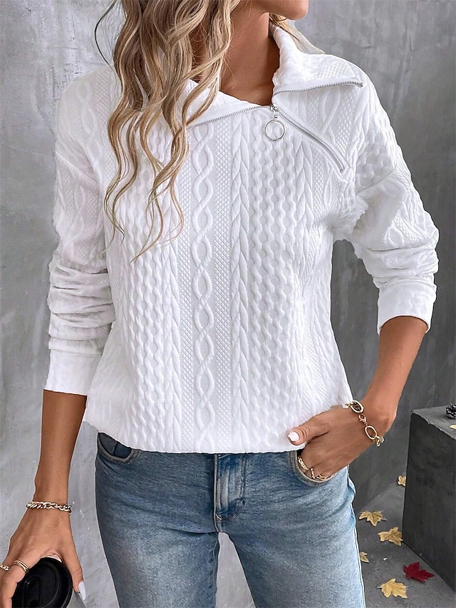  Damen Hemd Bluse Feste Farbe Basic Brautkleider schlicht Langarm Hemdkragen Normale Oberteile Täglich Zip Weiß Herbst Winter