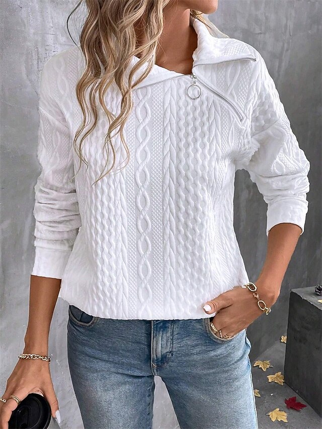 Women's Shirt Blouse Solid Color Basic Casual Long Sleeve Shirt Collar Regular Tops Daily Zipper White Fall Winter 5