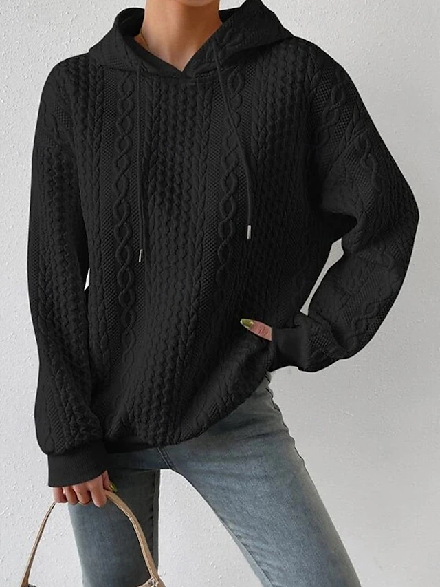 Women's Sweater Pullover Sweater Jumper Casual Soft Pure Color Ribbed Hooded Knitted Long Sleeve Regular Tops Knit Outdoor Daily Weekend Black White Fall Winter 6