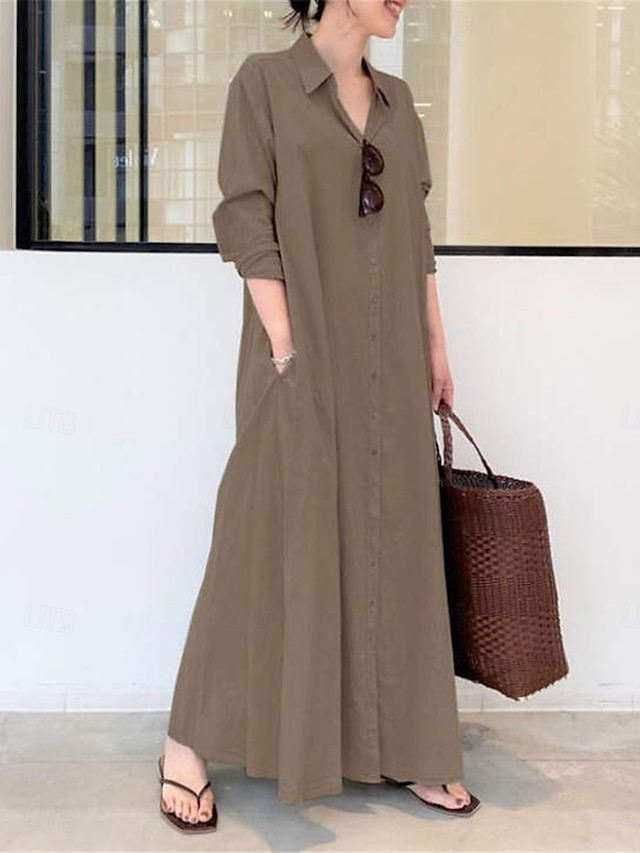  Pentru femei Rochii Tip Cămașă Rochie Maxi Buton Buzunar Casual Guler Cămașă Manșon Lung Negru Trifoi Cafea Culoare