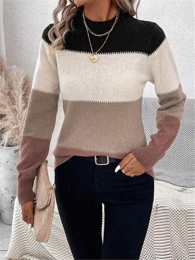 Women's Sweater Pullover Sweater Jumper Casual Soft Striped Ribbed Crew Neck Knitted Long Sleeve Regular Tops Knit Outdoor Daily Weekend Camel Apricot Fall Winter 10