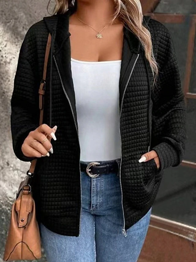 Women's Casual Jacket Hoodie Jacket Outdoor Street Daily Wear Fall Winter Regular Coat Regular Fit Thermal Warm Breathable Stylish Casual Jacket Long Sleeve Plain with Pockets Full Zip Black Wine 13