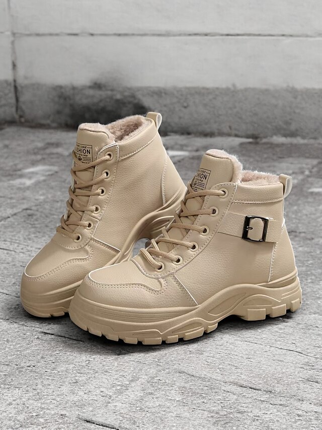  Botines de mujer beige con cordones y forro de felpa cálido: calzado de invierno para exteriores con suela resistente y detalle de hebilla