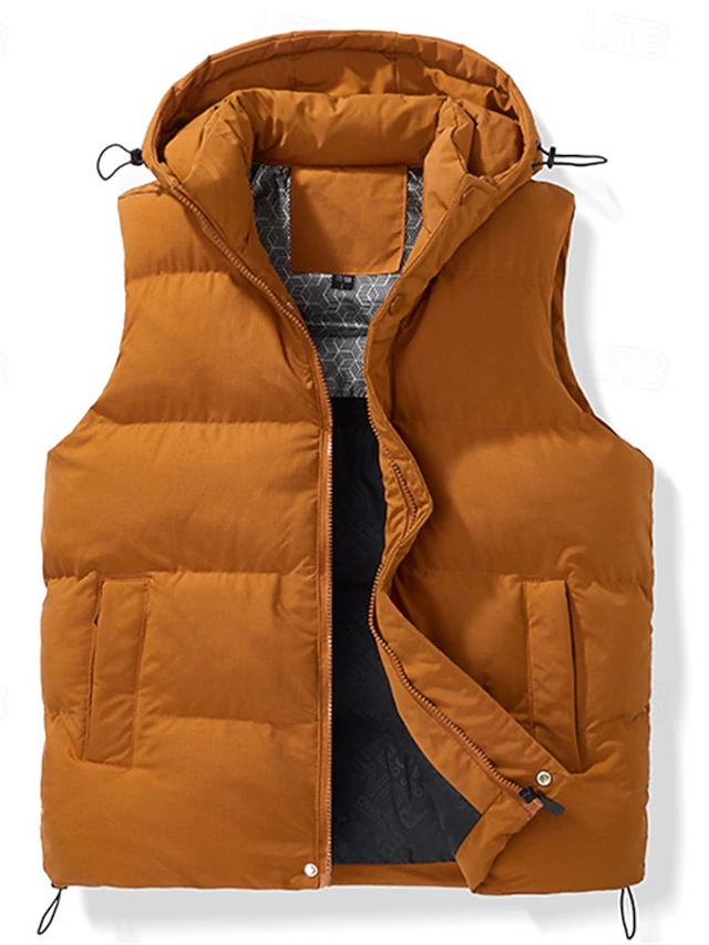 Men's Puffer Vest Hoodie Vest Gilet Quilted Vest Daily Date Vacation Fashion Casual Fall & Winter Pocket Polyester Warm Comfortable Solid Color Zipper Hooded Regular Fit Black Brown Army Green Beige 11