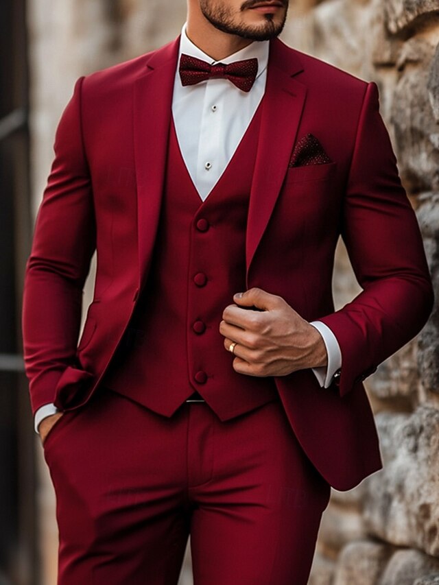 Red Men's Wedding Christmas Party Evening Suits Solid Colored 3 Piece