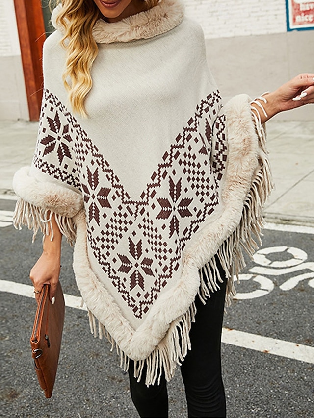 Per donna Felpa Pullover Maglione Coprispalle Informale Morbido Rombi A coste A collo alto Nappa Lavorato a maglia Bordo in pelliccia sintetica Manica a 3/4 Maglie lunghe Maglia Esterno Giornaliero