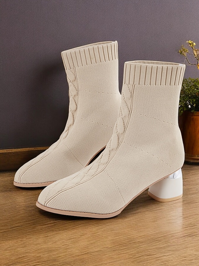  Botines tipo calcetín de mujer en color beige con tacón de bloque metalizado: tejido de punto elástico y diseño moderno para looks casuales y elegantes