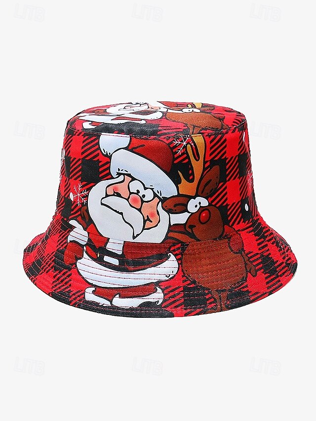 Reversible Christmas Bucket Hat - Santa and Reindeer Design, Red Plaid Holiday Theme, Unisex Festive Hat for Winter and Holiday Parties2