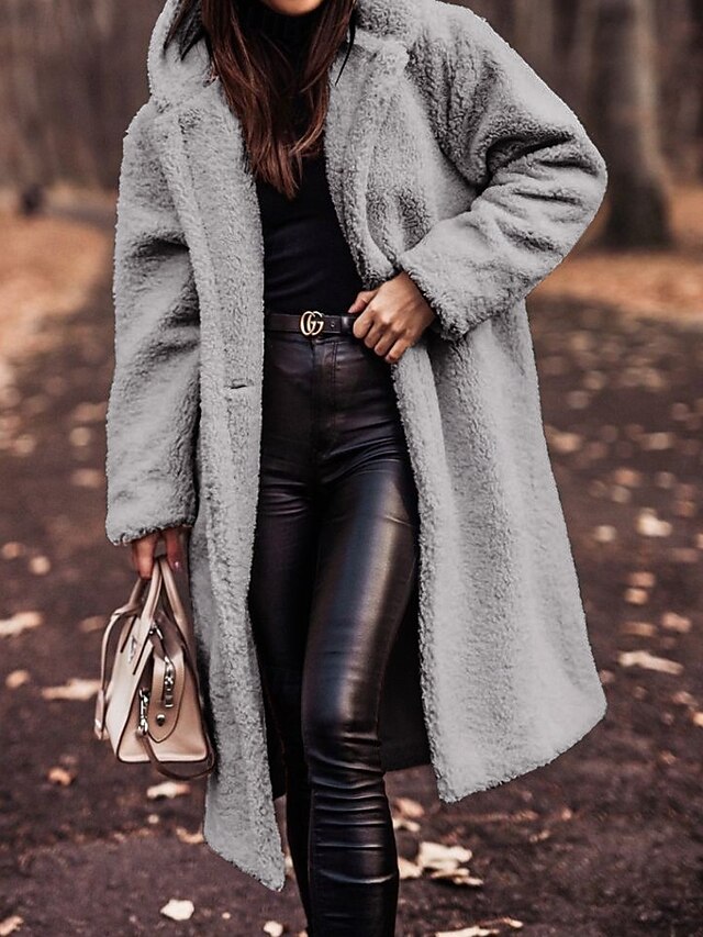  Dames Fleecejack Teddy jas Hoodie jas Houd Warm Ademend Knop Zak Met fleece gevoerd Casual Effen Vakantie Straat Alledaagse kleding Uitgaan Enkele rij knopen Lang Capuchon Normale pasvorm Lange mouw