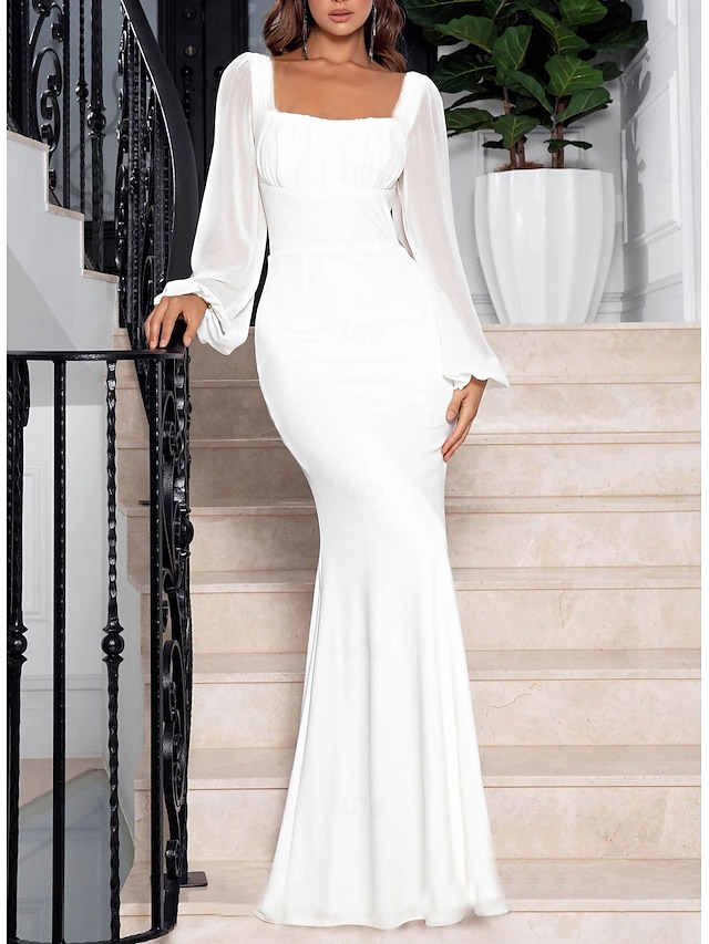 Wedding Dresses Mermaid Square Neck Long Sleeve Floor Length Chiffon