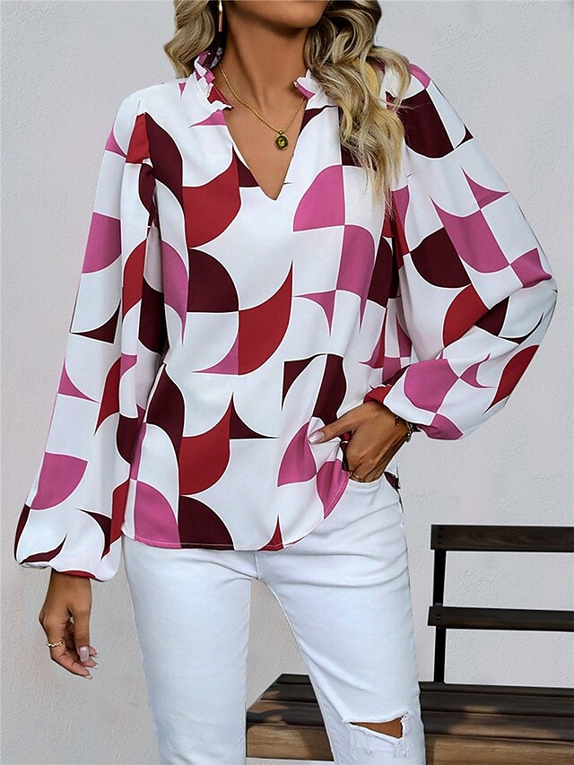  Dames Overhemd Blouse Geometrisch Casual Lange mouw Gekerfde nek Normale tops Dagelijks Afdrukken Zwart Wijn Herfst Winter