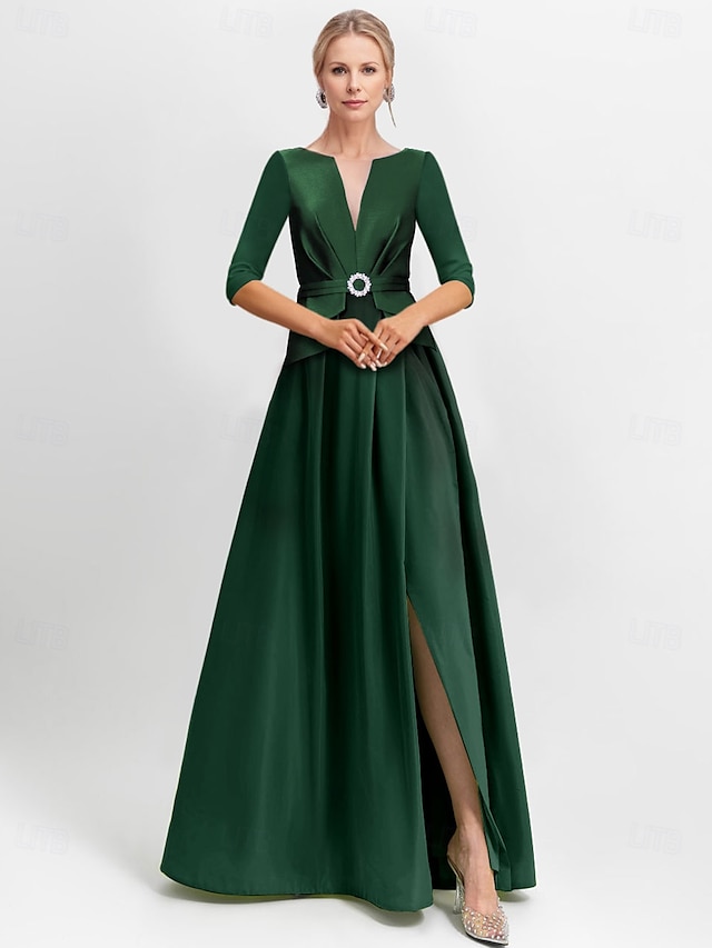  Abito da Sera A-Line Elegante Abito Formale Lunghezza al Pavimento Maniche a Mezza Lunghezza Scollo a V con Tasche Raso con Strass
