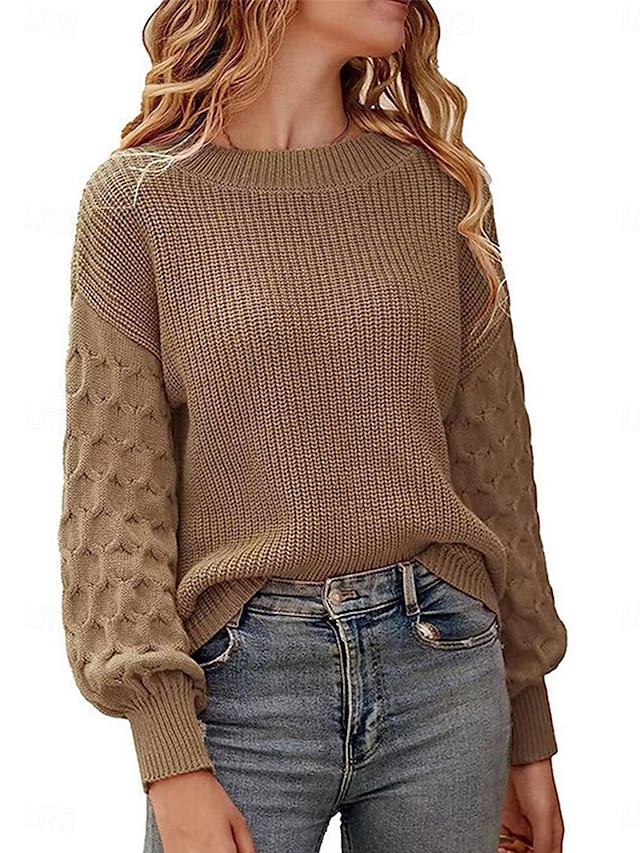 Women's Sweater Pullover Sweater Jumper Casual Soft Pure Color Ribbed Crew Neck Knitted Lantern Sleeve Long Sleeve Regular Tops Knit Outdoor Daily Weekend White Khaki Fall Winter4