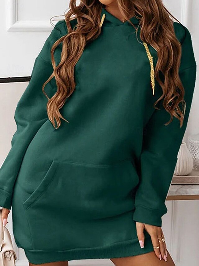 Women's Hoodie Dress Mini Dress Pocket Casual Hooded Long Sleeve Black Pink Red Color 8