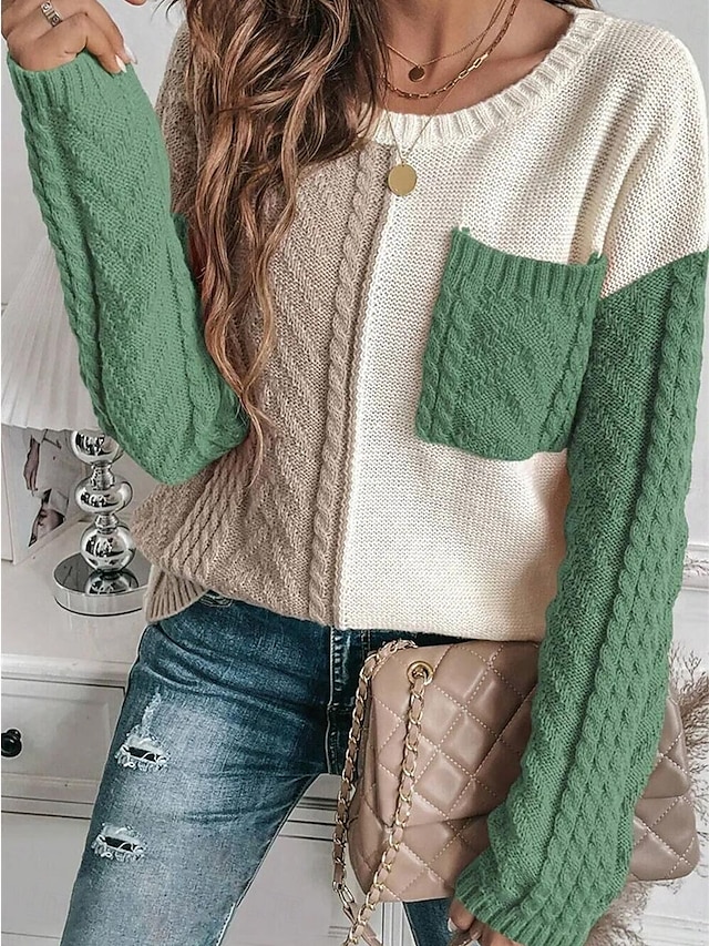 Women's Sweater Pullover Sweater Jumper Casual Soft Pure Color Cable Crew Neck Pocket Knitted Long Sleeve Regular Tops Knit Outdoor Daily Weekend Orange Green Fall Winter 11