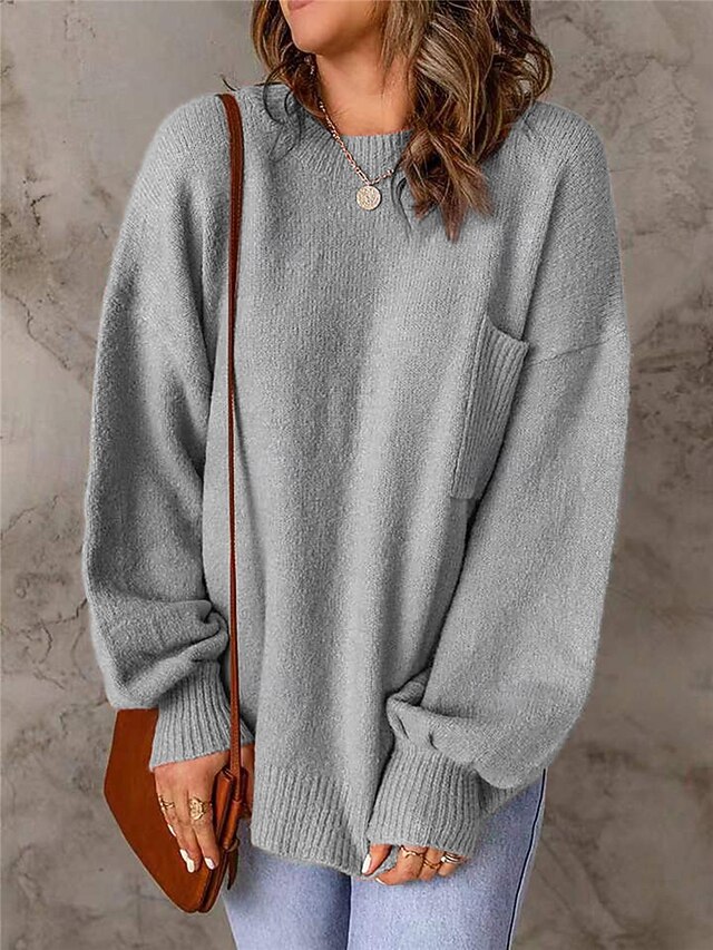 Women's Sweater Pullover Sweater Jumper Casual Soft Pure Color Ribbed Crew Neck Pocket Knitted Long Sleeve Regular Tops Knit Outdoor Daily Weekend Gray Fall Winter4