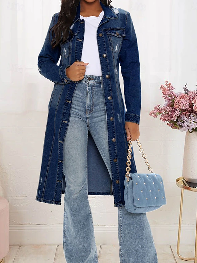 Women's Denim Jacket Outdoor Street Daily Wear Fall Winter Long Coat Regular Fit Thermal Warm Breathable Stylish Casual Jacket Long Sleeve Solid Color with Pockets Light Blue Navy Blue Blue 6