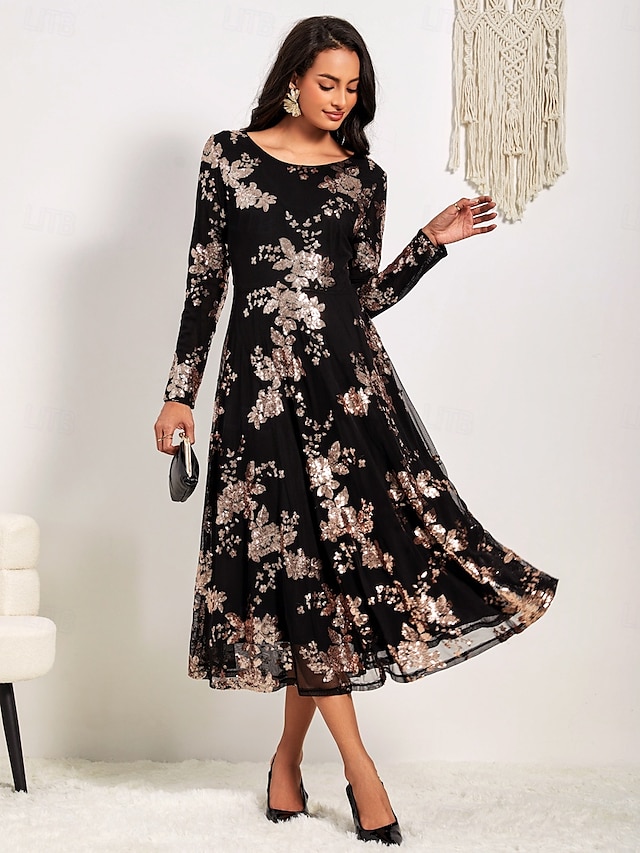  kvinners a-linje midikjole lange ermede paljetter floral elegant svart semi-formell glitrende skinnende skjørt rund hals bryllupsfest teaterbegivenhet vår høst moteklær klær s m l xl xxl