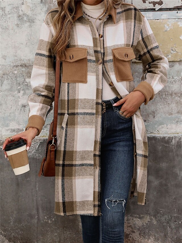 Women's Winter Jacket Coat Outdoor Street Daily Wear Fall Winter Long Coat Regular Fit Thermal Warm Breathable Stylish Casual Jacket Long Sleeve Stripes and Plaid with Pockets Print Wine Coffee Gray 20