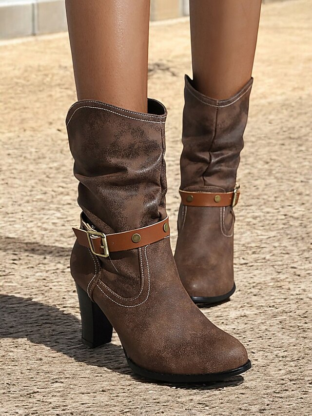 Women's Western Cowboy Mid-Calf Boots – Brown Faux Leather Slouch Boots with Buckle Strap, Chunky Heels for Country Concerts, Fall Outfits, and Casual Outdoor Wear 13