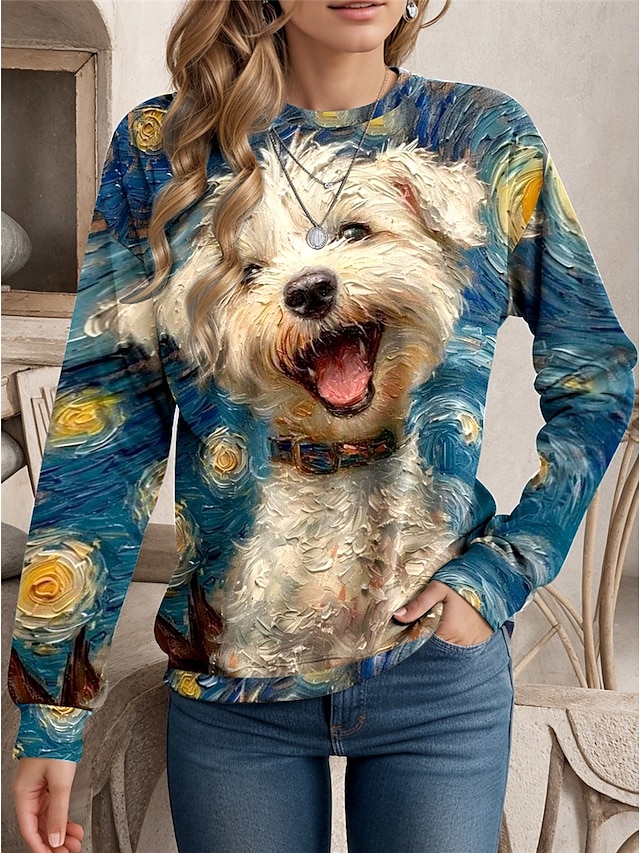  Sudadera de mujer con estampado de perro para uso diario, informal, cuello redondo, manga larga, microelástica, otoño e invierno, cómoda, transpirable, tejido suave