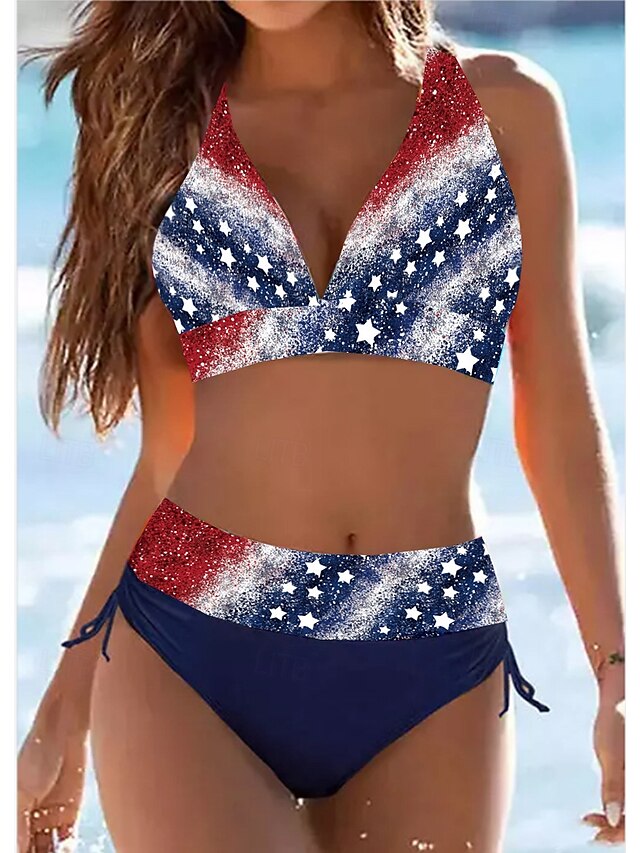  Femme Maillots de Bain Bikinis Maillot de bain Vacances Drapeau Rayé Sans Bretelles Maillots de bain