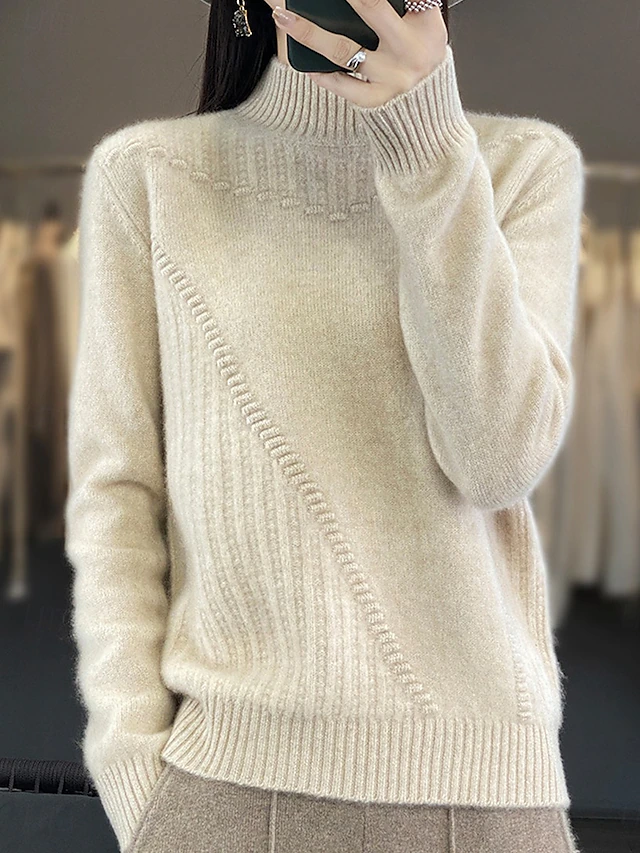 Women's Sweater Pullover Sweater Jumper Casual Soft Pure Color Ribbed Turtleneck Knitted Long Sleeve Regular Tops Knit Outdoor Daily Weekend White Red Fall Winter 8