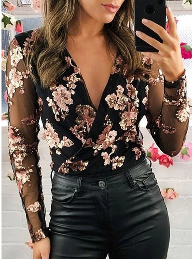 Women's Shirt Blouse Floral Basic Casual Long Sleeve V Neck Regular Tops Vacation Daily Patchwork Print Black Fall Winter4