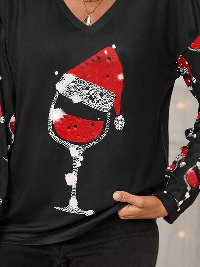 Women's Long Sleeve Vneck Christmas Top Festive Wine Glass Santa Hat