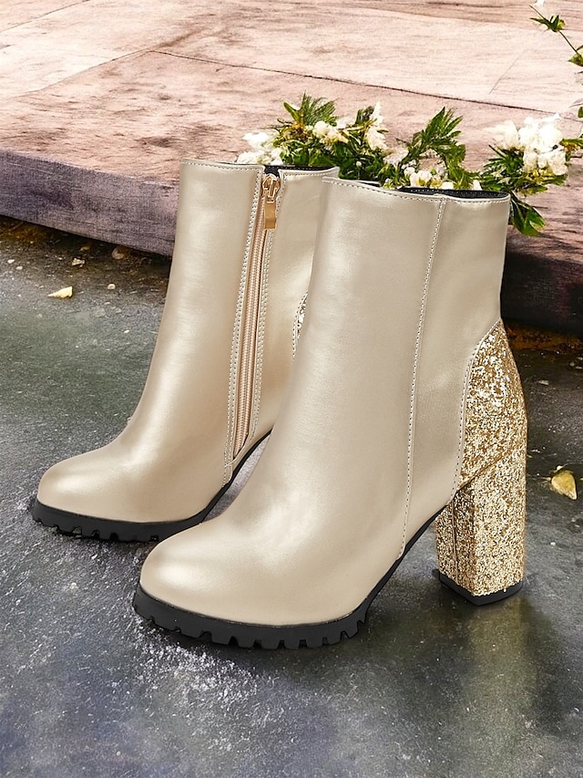 Women's Gold Glitter Block Heel Ankle Boots - Chic Party Fashion Faux Leather Booties with Zipper Closure, Perfect for Evening Events, Holiday Celebrations, and Glamorous Outfits 11