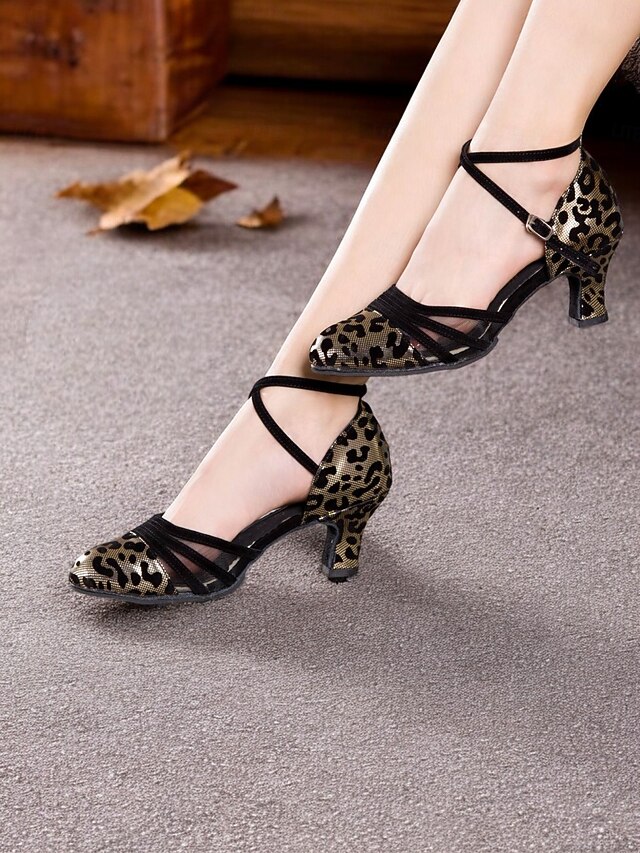 Women's Leopard Print Closed Toe Dance Heels with Cross-Strap and Soft Suede Sole – Ideal for Latin, Ballroom, and Salsa Dancing 9