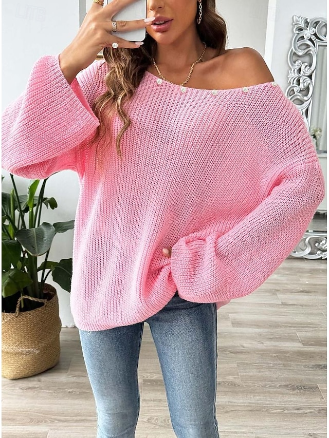 Women's Sweater Crew Neck Knit Sequins Spring Fall Party Elegant Daily Long Sleeve Solid Color Pink 7
