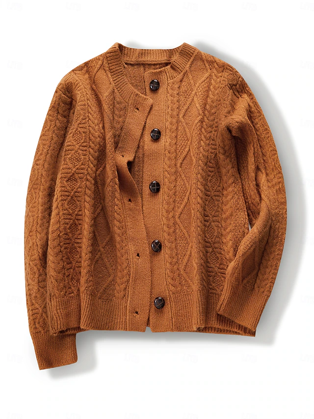 Women's Aran Cardigan Crew Neck Cable Knit Knitted Fall Winter Work Elegant Daily Long Sleeve Solid Color Camel 8