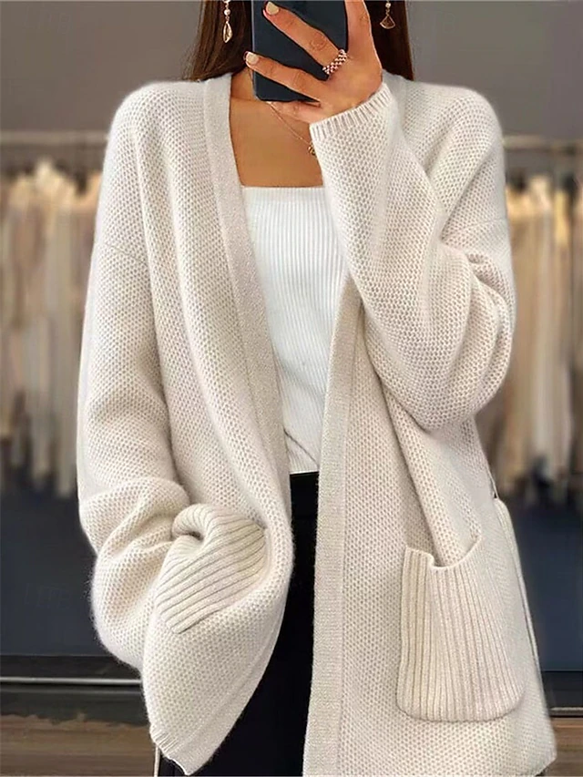 Women's Sweater Cardigan Sweater Jacket V Neck Knit Lace up Pocket Knitted Drop Shoulder Spring Fall Home Daily Weekend Daily Casual Soft Long Sleeve Pure Color Camel Beige 6