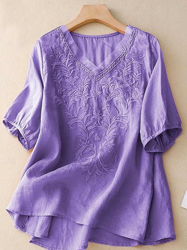  Per donna Camicia Camicie ispirate al lino Tinta unica Floreale Casual Boho Manica 3/4 Manica al gomito Scollo a V Top Regolari Vacanza Feste Quotidiano Ricamato Viola Autunno Primavera & Estate