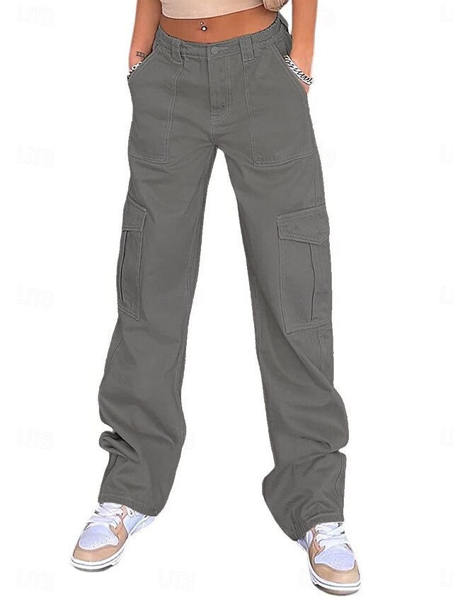 Women's Cargo Pants Chinos Fashion Streetwear Full Length High Waist Plain Pocket Comfy Soft Comfortable Micro-elastic Outdoor Street Black Khaki Gray Spring &  Fall Regular Fit4